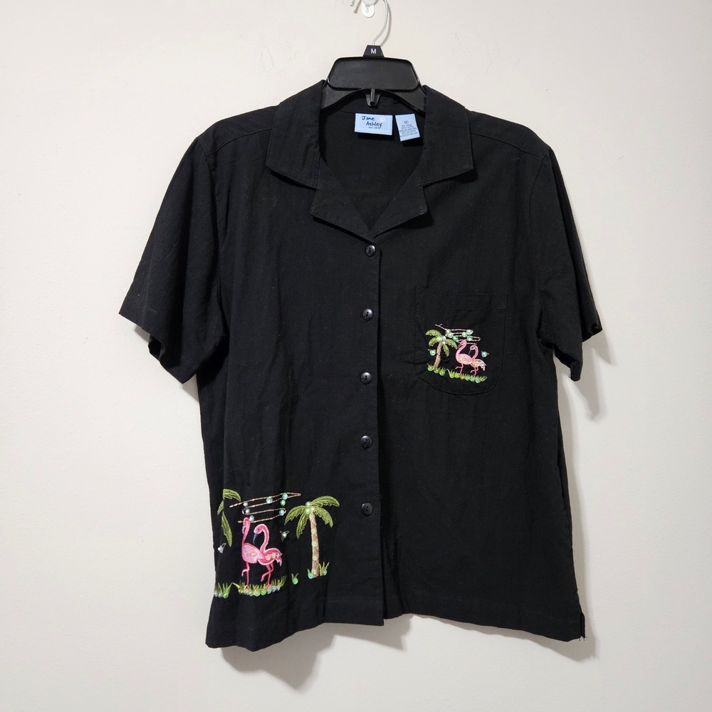 Jane Ashley Womens Black Cotton Flamingo Palm Tree Sequin Embrdered Camp Shirt M
